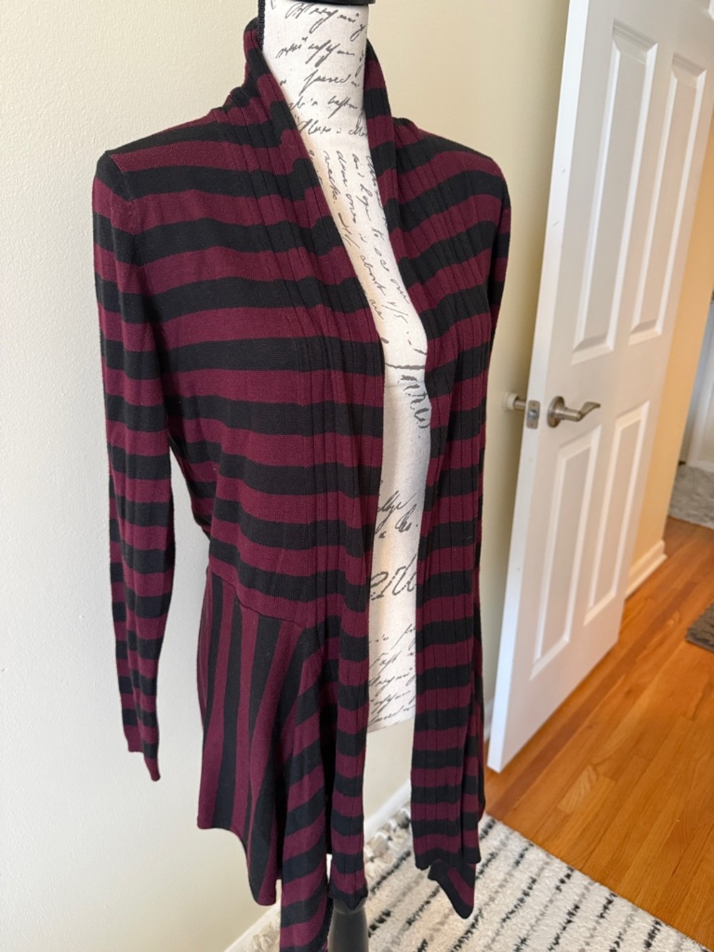 89th & Madison Striped Open-Front Cardigan - Black & Burgundy